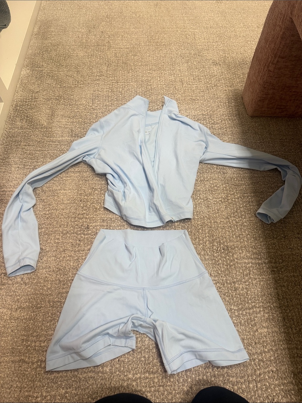Aritzia Light Blue Long Sleeve Crop Top with High-Waist Bike Shorts